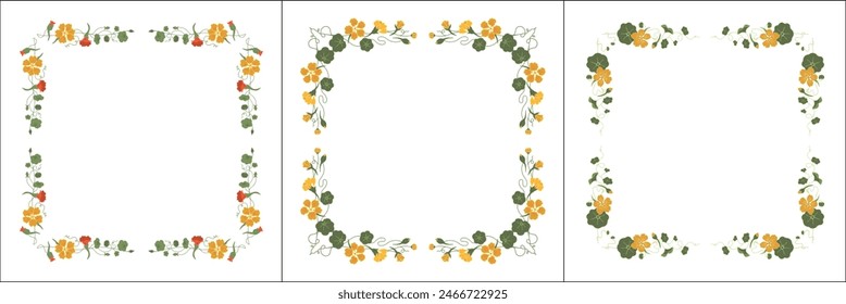 Set of three vegetal vector frames with nasturtium flowers. Square frames. Vector frame for all sizes and formats. Isolated vector illustration.