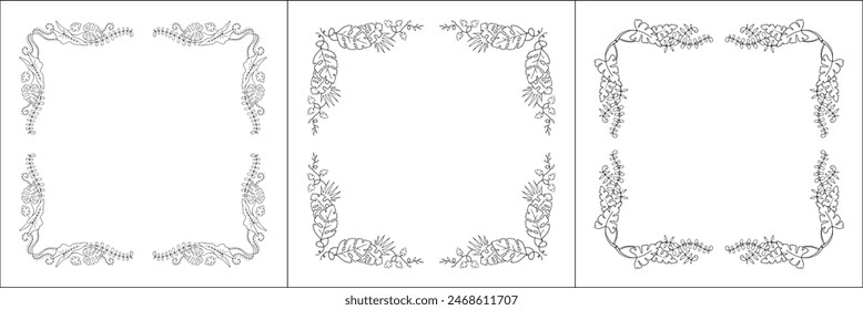 Set of three vegetal vector frames with tropical leaves. Black and white. Vector frame for all sizes and formats. Isolated vector illustration.
