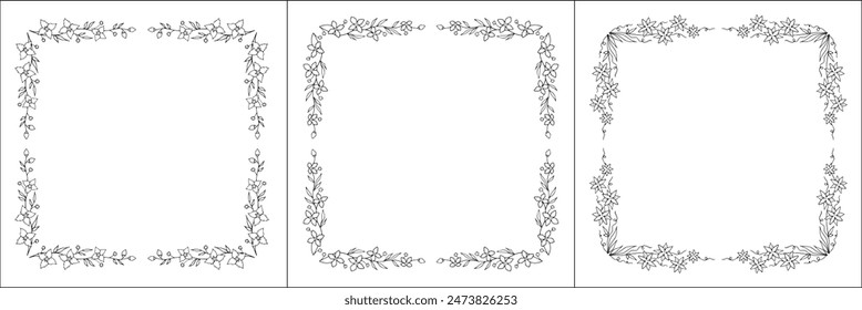 Set of three vegetal vector frames with forest flowers and leaves. Black and white. Vector frame for all sizes and formats. Isolated vector illustration.	
