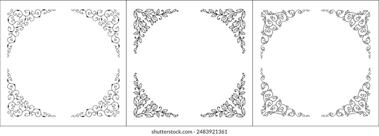 Set of three vegetal vector frames with leaves. Black and white. Vector frame for all sizes and formats. Isolated vector illustration.	