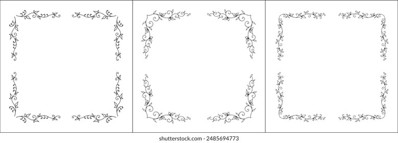 Set of three vegetal vector frames with butterflies and leaves. Black and white. Vector frame for all sizes and formats. Isolated vector illustration.	