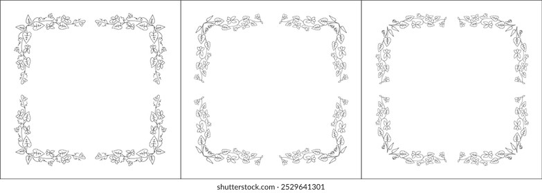 Conjunto de três quadros vetoriais vegetais com flores e folhas violetas. Preto e branco. Quadro vetorial para todos os tamanhos e formatos. Ilustração isolada de vetor.	