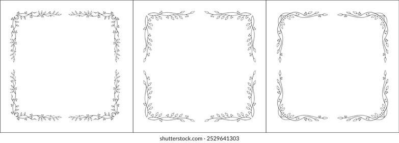 Set of three vegetal vector frames with forest flowers and leaves. Black and white. Vector frame for all sizes and formats. Isolated vector illustration.	