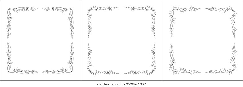 Set of three vegetal vector frames with forest flowers and leaves, bluebells frame. Black and white. Vector frame for all sizes and formats. Isolated vector illustration.	
