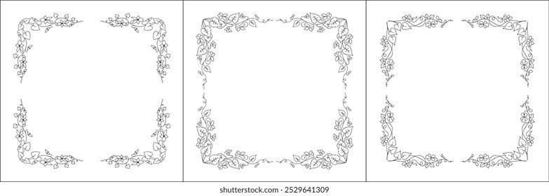 Set of three vegetal vector frames with violet flowers and leaves. Black and white. Vector frame for all sizes and formats. Isolated vector illustration.	