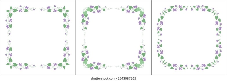 Conjunto de tres marcos de Vector vegetal con flores y hojas de color violeta. Marco verde con flores moradas. Marco de Vector para todos los tamaños y formatos. Ilustración vectorial aislada.	
