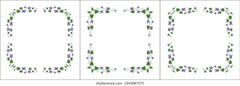 Conjunto de tres marcos de Vector vegetal con flores y hojas de color violeta. Marco verde con flores moradas. Marco de Vector para todos los tamaños y formatos. Ilustración vectorial aislada.	
