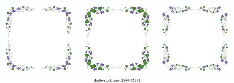 Conjunto de tres marcos de Vector vegetal con flores y hojas de color violeta. Marco verde con flores moradas. Marco de Vector para todos los tamaños y formatos. Ilustración vectorial aislada.