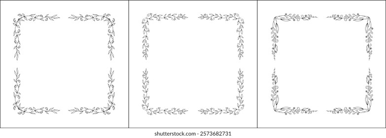 Set of three vegetal vector frames with forest flowers and leaves. Black and white. Vector frame for all sizes and formats. Isolated vector illustration.	
