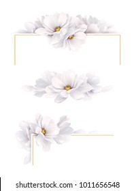 Set of three version of decoration invitation or congratulation cards with elegant flower composition. Blooming white magnolias on the white background.