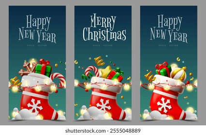 Set of three vertical 3D Christmas banners with Santa's stocking full of toys, presents, lollipops and glowing garland. New Year holiday. Plastic vector style. Place for text. Greeting card.