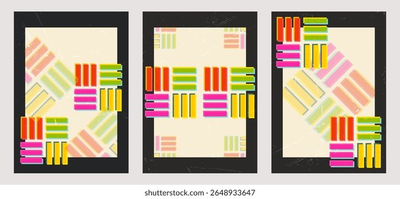 Set of three vertical abstract backgrounds in retro risograph style. Vibrant overlapping circles, bold textures, and vintage tones. Perfect for posters, prints, branding, and creative projects.