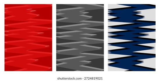 Conjunto de tres fondos abstractos de Vertical con patrones de zig-zag agudos en rojo, gris y azul marino, que representan la velocidad, los deportes de carreras, los Gráficos para video y el diseño moderno dinámico