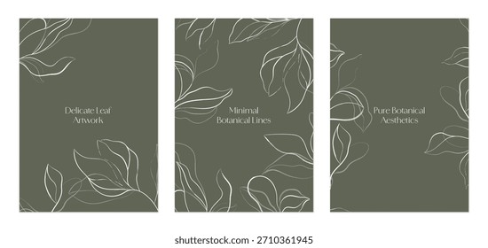 Conjunto de tres fondos de Vertical con ramas y hojas minimalistas en gris claro sobre un fondo verde oliva oscuro