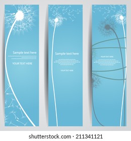 set of three vertical banner with light silhouette of dandelion on a blue background