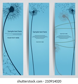 set of three vertical banner with silhouette of dandelion on a light blue background