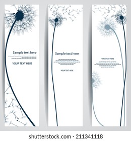 set of three vertical banner with silhouette of dandelion on white background