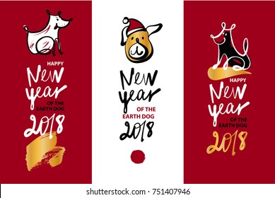 Set of three vertical banner. Symbol chinese happy new year 2018 earth dog. Illustration for gift, invitation, present, card with line vector silhouette dog.