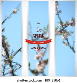 Set of three vertical banners. Abstract vector geometric spring background. Flowering tree. Beautiful inscription in retro style - I love spring. Crown, heart, ribbon and branch. Place for your text