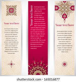 Set of three vertical banners.  Beautiful floral pattern in vintage style. Flowers with leaves and berries. Simple delicate ornament. Place for your text.
