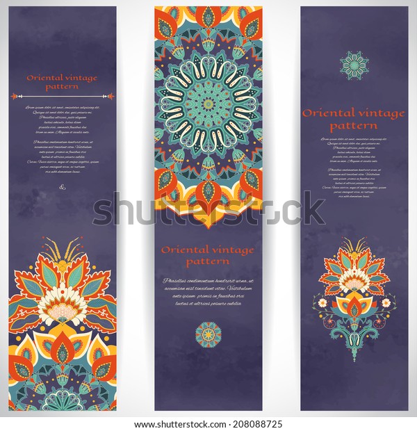 Set of three vertical banners. Beautiful\
floral oriental pattern in vintage style. Wet watercolor\
background. Hand drawing.Place for your text.\
