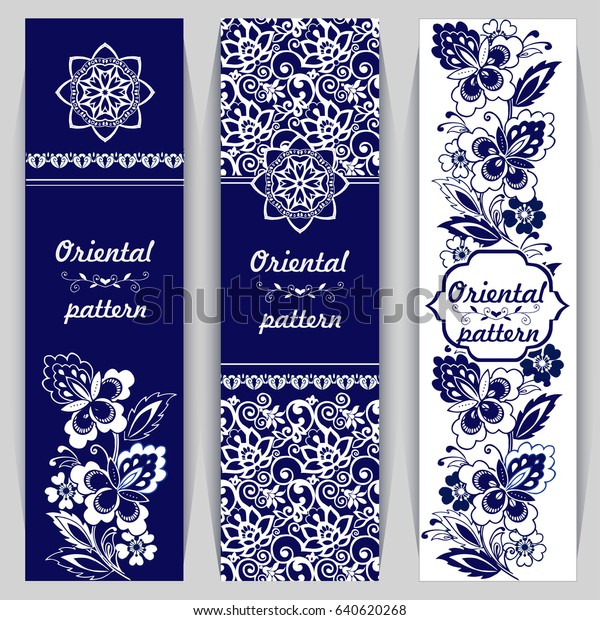 Set of three vertical banners. Beautiful flowers\
and blue background. Hand drawing. Oriental ornament with paisley.\
Place for your text.