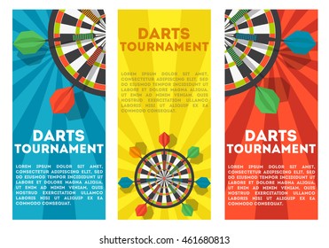 Set of three vertical banners with darts and  dartboard. Darts tournament vector illustration. Flat style