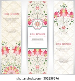 Set of three vertical banners. Delicate ornament on backdrop. Floral pattern. Place for your text.