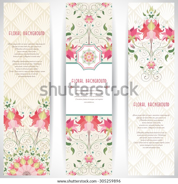 Set of three vertical\
banners. Delicate ornament on backdrop. Floral pattern. Place for\
your text.