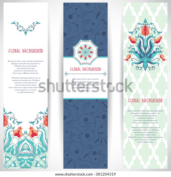 Set of\
three vertical banners. Delicate curls and leaves, tulip flowers\
and Moroccan tiles ornament. Place for your text.\
