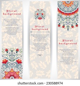 Set of three vertical banners. Fantasy flowers and delicate ornament with leaves. Place for your text. 