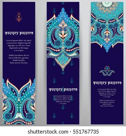 Set of three vertical banners. Floral oriental paisley pattern on dark ethnic backdrop