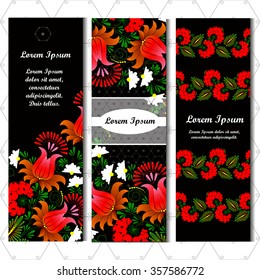 Set of three vertical banners. Flower. Vector in Ukrainian traditional painting. Abstract delicate backdrop. Place for your text.