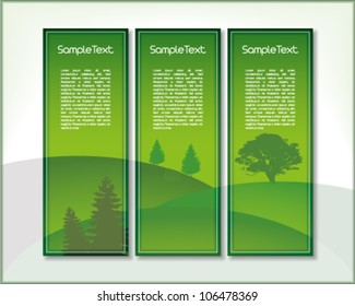 Set of three vertical banners with hills and trees in green with place for Your custom text