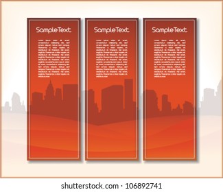 Set of three vertical banners with hills and a city in red with place for Your custom text