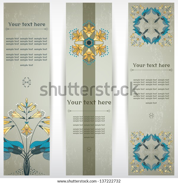 Set of three vertical\
banners. Hosta plant on vintage plaster background. Place for your\
text.