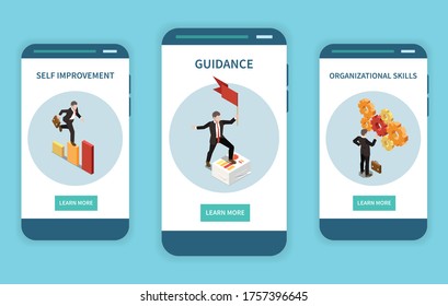 Set with three vertical banners with leadership concept isometric images human characters and learn more buttons vector illustration