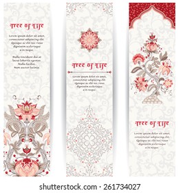 Set of three vertical banners. The motives of the paintings of ancient Indian fabrics. Tree of Life collection. Place for your text.