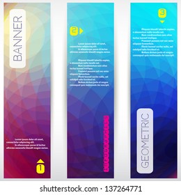 Set of three vertical banners. Multicolored  polygonal vector background with elements of infographics.