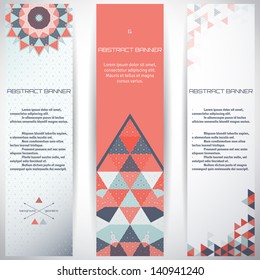 Set of three vertical banners.  Multicolored triangles and grid. Complied with the standard sizes.