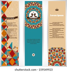 Set of three vertical banners. Multicolored figures and grid. Beautiful round label with two horses and ribbon. Place for your text. Complied with the standard sizes.
