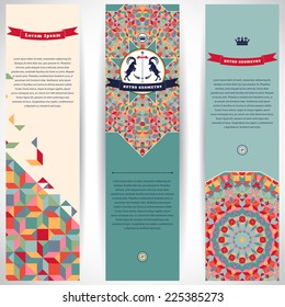 Set of three vertical banners. Multicolored figures and grid. Beautiful round label with two goats and ribbon. Place for your text. 