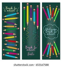 Set of three vertical banners with multicolored pencils. Doodle back to school background. Vector illustration.
