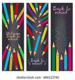Set of three vertical banners with multicolored pencils. Doodle back to school background. Vector illustration.