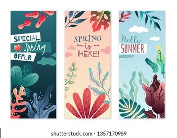 Set of three vertical banners on spring summer theme with leaves, flowers, branches, plants and decorative elements in the current trend style. Hand-drawn decorative elements with textures