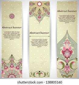 Set of three vertical banners. Oriental pattern and old paper, polka dots and stains. Place for your text.