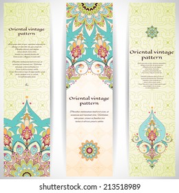 Set of three vertical banners. Oriental floral pattern. Simple delicate ornament. Place for your text. 