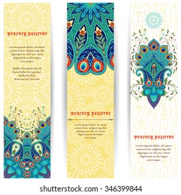 Set of three vertical banners. Oriental paisley pattern with peacock feather elements. Abstract delicate backdrop. Place for your text.