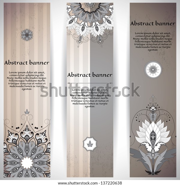 Set of three vertical\
banners. Oriental floral designs. Made old surface. Place for your\
text.