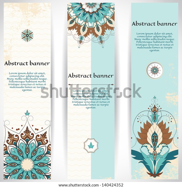 Set of\
three vertical banners. Oriental floral pattern on vintage\
background. Shabby surface. Place for your\
text.